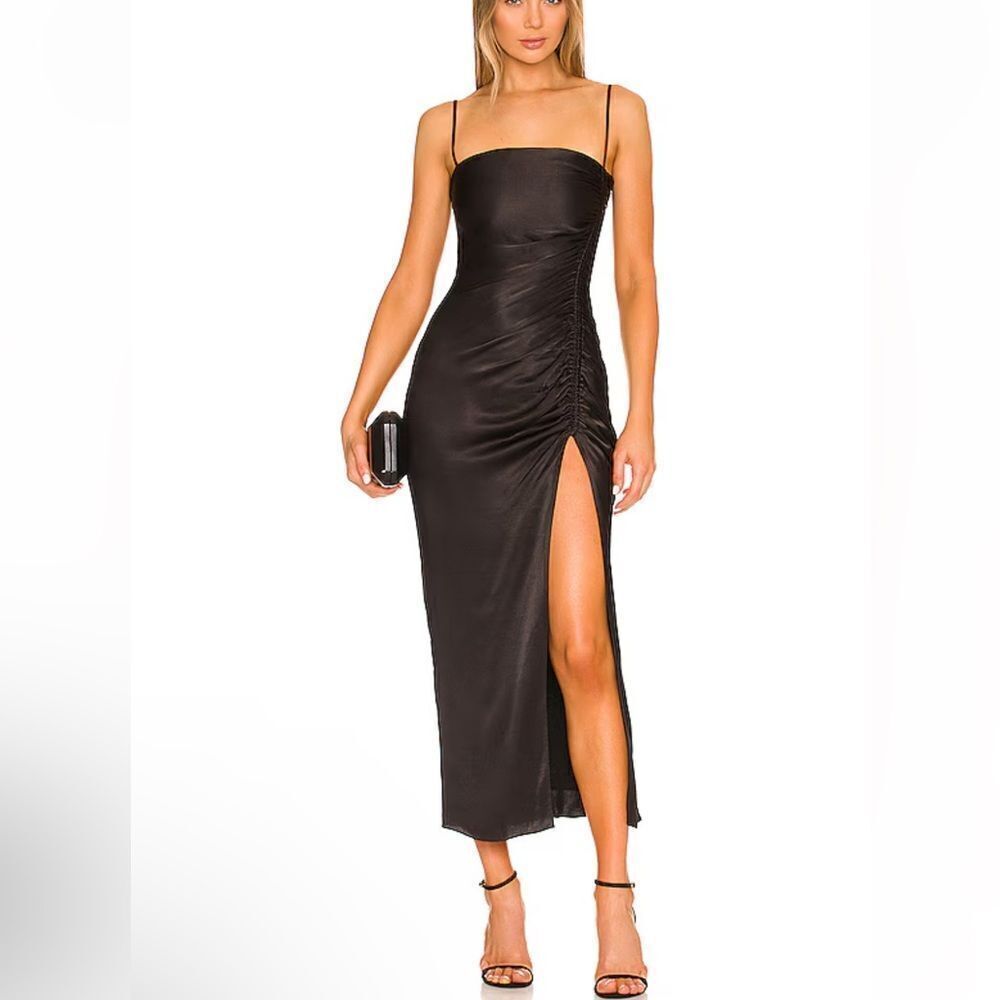 New Shona Joy Thalia Midi Dress Black satin ruched slip Revolve 6